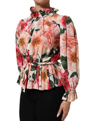 Dolce & Gabbana Pink Floral Printed Silk Ruffled Blouse Top