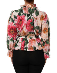 Dolce & Gabbana Pink Floral Printed Silk Ruffled Blouse Top