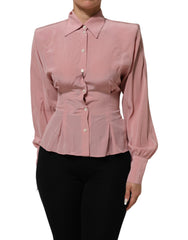 Dolce & Gabbana Pink Silk Collared Long Sleeves Blouse Top