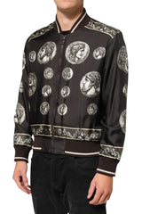 Dolce & Gabbana Black "Monete" Coin Print Silk Bomber Jacket