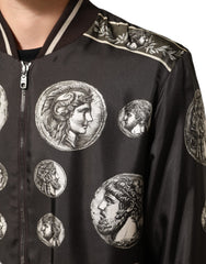 Dolce & Gabbana Black "Monete" Coin Print Silk Bomber Jacket