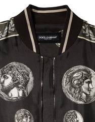 Dolce & Gabbana Black "Monete" Coin Print Silk Bomber Jacket