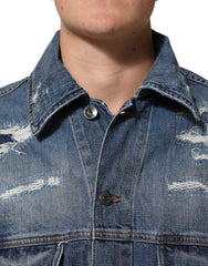 Dolce & Gabbana Blue Cotton Tattered Denim Blouson Jacket