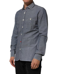 AGLINI Blue Denim Regular Fit Collared Long Sleeve Casual Shirt