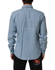 Deperlu Blue Denim Regular Fit Collared Long Sleeve Men Shirt