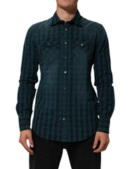AGLINI Green Checkered Cotton Button Down Long Sleeves Shirt