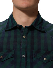 AGLINI Green Checkered Cotton Button Down Long Sleeves Shirt