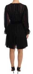 Dolce & Gabbana Black Silk Tulle Long Sleeve V-neck Dress