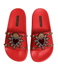 Dolce & Gabbana Red Sacred Heart Stud Slides Beachwear Shoes