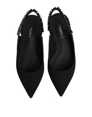Dolce & Gabbana Black Crystal Charmeuse Slingback Shoes