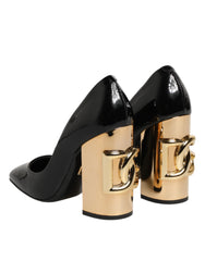 Dolce & Gabbana Black Gold Patent Leather Logo Heels Pumps Shoes