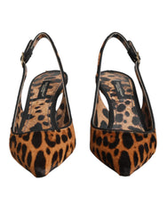 Dolce & Gabbana Brown Leopard Calfskin Fur Slingbacks Shoes