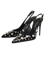 Dolce & Gabbana Black Studded Leather Heels Slingbacks Shoes