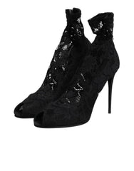 Dolce & Gabbana Black Stretch Taormina Lace Boots Shoes