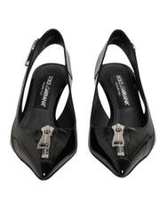 Dolce & Gabbana Black Zipper Leather Heels Slingbacks Shoes
