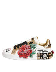 Dolce & Gabbana White Leather Floral Studded Sneakers Shoes