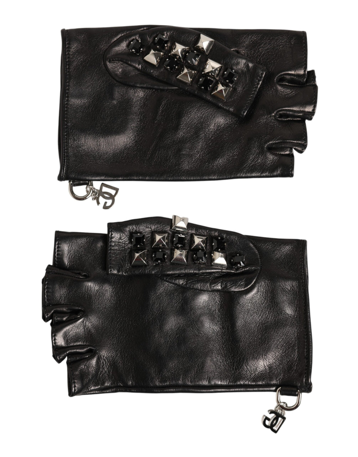 Dolce & Gabbana Black Leather Studded Fingerless Hand Mitten Men Gloves