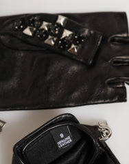 Dolce & Gabbana Black Leather Studded Fingerless Hand Mitten Men Gloves
