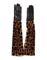 Dolce & Gabbana Brown Black Leopard Leather Elbow Length Mitten Gloves