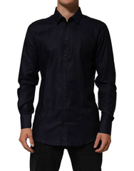 Dolce & Gabbana Blue Cotton Collared Long Sleeve GOLD Men Dress Shirt