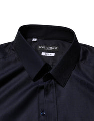 Dolce & Gabbana Blue Cotton Collared Long Sleeve GOLD Men Dress Shirt