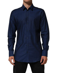 Dolce & Gabbana Blue Cotton Collared Men GOLD Dress Shirt