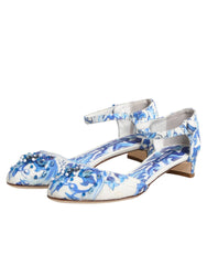 Dolce & Gabbana White Blue Floral Crystal Ankle Straps Shoes