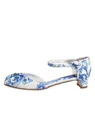 Dolce & Gabbana White Blue Floral Crystal Ankle Straps Shoes