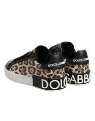 Dolce & Gabbana Brown Leather Leopard Low Top Sneakers Shoes