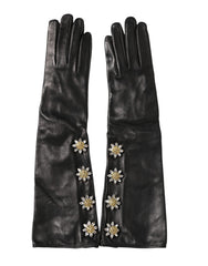 Dolce & Gabbana Black Leather Embellished Long Mitten Gloves