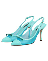 Dolce & Gabbana Blue Leather Mesh Heels Slingback Shoes