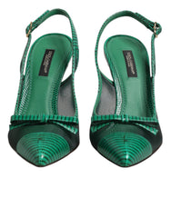 Dolce & Gabbana Green Leather Mesh Heels Slingback  Shoes