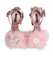 Dolce & Gabbana Pink Crystal Fur Embellished Sandals Shoes