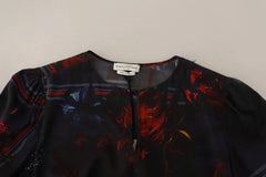 Ballantyne A-line Navy Blue Floral Silk Long Sleeve Knee Length Dress