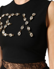 Dolce & Gabbana Black Jersey Lace Ruching Rhinestone Tank Top