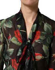 Dolce & Gabbana Black Floral Long Sleeves Silk Blouse Top