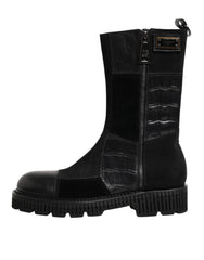 Dolce & Gabbana Black Patchwork Leather Mid Calf Boot  Shoes