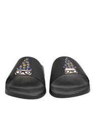 Dolce & Gabbana Black Leather Slides Sandals Beachwear Shoes