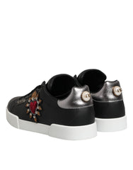 Dolce & Gabbana Black Leather Heart Embellished Sneakers Shoes