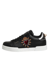 Dolce & Gabbana Black Leather Heart Embellished Sneakers Shoes
