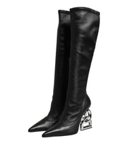 Dolce & Gabbana Black Leather DG Logo Knee High Boots Shoes