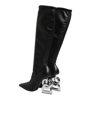 Dolce & Gabbana Black Leather DG Logo Knee High Boots Shoes