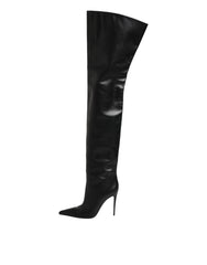 Dolce & Gabbana Black Leather Stiletto Knee High Boots Shoes
