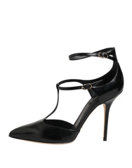 Dolce & Gabbana Black Leather T-STRAPS Heels Sandals Shoes