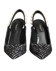 Dolce & Gabbana White Black Chevron Faux Pearl Slingbacks Shoes
