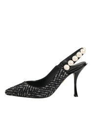 Dolce & Gabbana White Black Chevron Faux Pearl Slingbacks Shoes