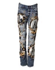 Dolce & Gabbana Blue Ripped Embellished Cotton Denim Jeans