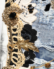 Dolce & Gabbana Blue Ripped Embellished Cotton Denim Jeans