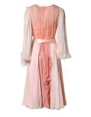 Dolce & Gabbana Pink Silk Tulle Long Sleeve V-neck Dress