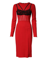 Dolce & Gabbana Black Red Contrasting Bra Cady Midi Dress